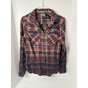 Harley Davidson Womens Plaid Button Up Shirt Blue Red Tan Zipper Pockets Size S